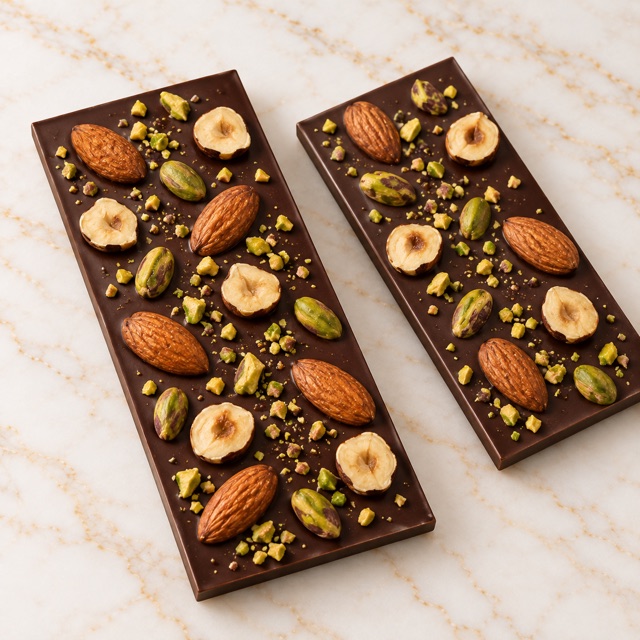 Two chocolate tablets decorated with whole and chopped nuts on pale marble